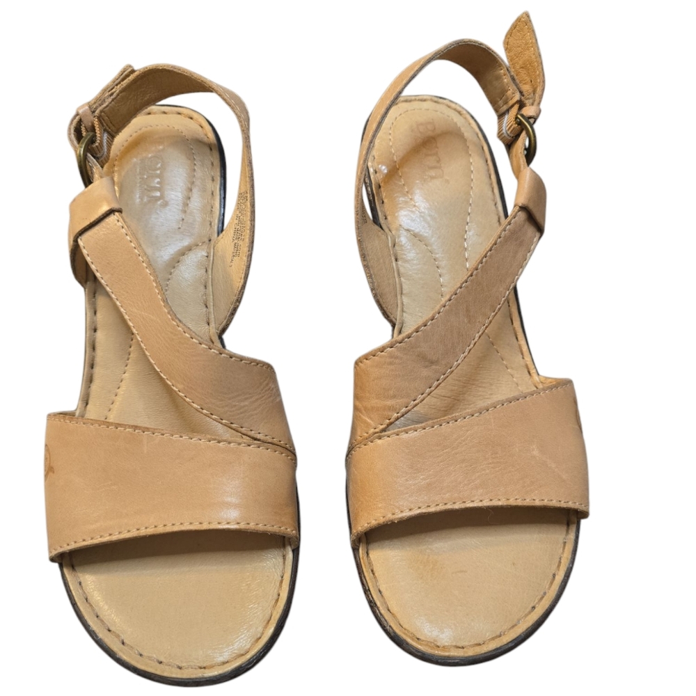 Born Tan Leather Boho Neutral Strappy Wedge Sandals Size 7 - Picture 2 of 7